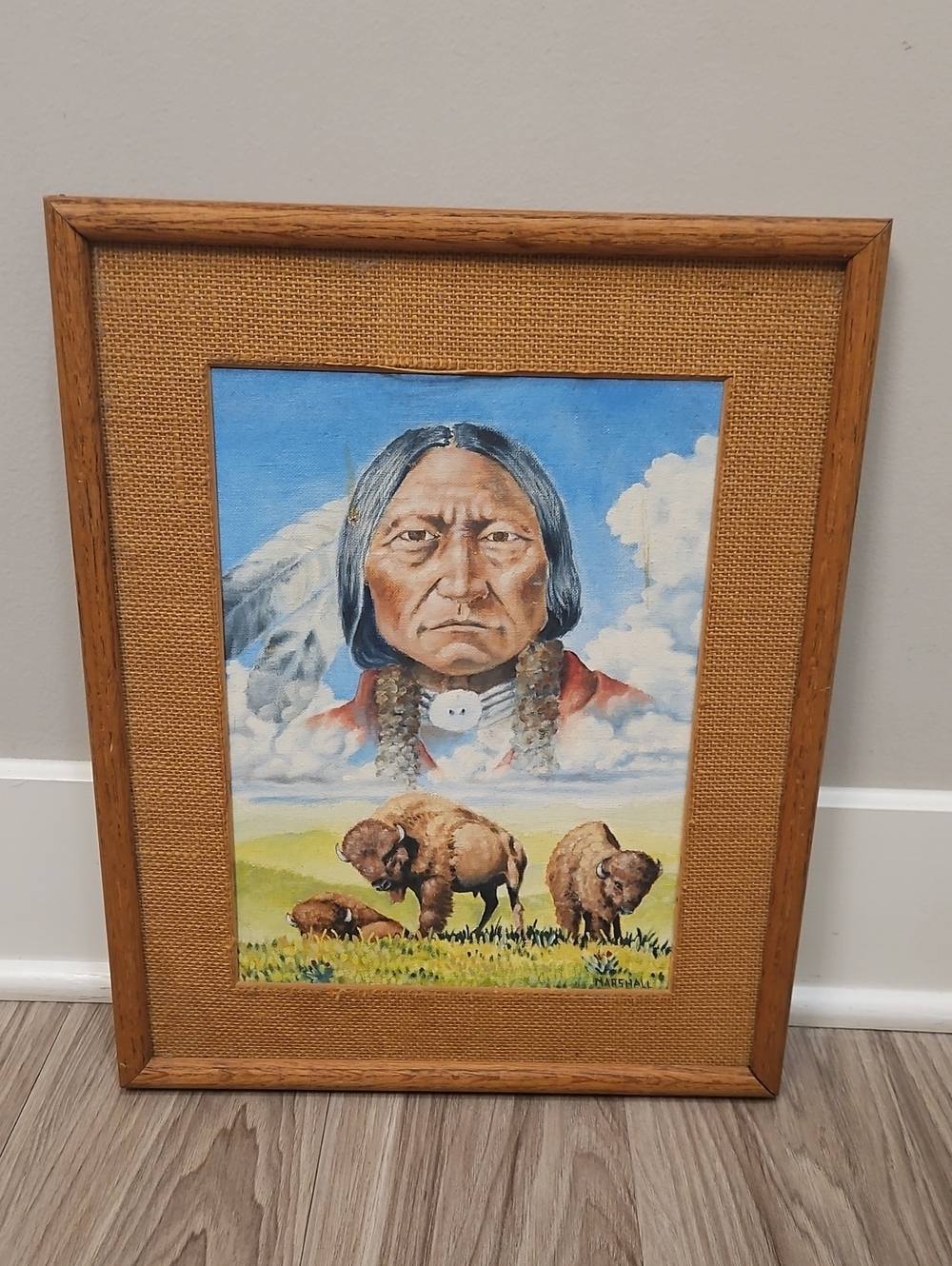 Vintage Native American Indian & Bison Framed Artwork Signed Marshall Painting